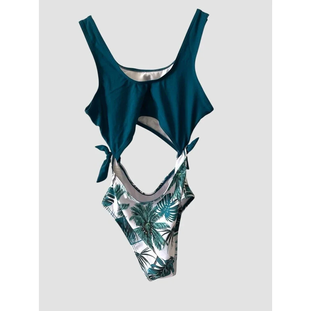Shein Kids Size 150 11-12 Yrs One Piece Swim Suit Solid Top Leaves Bottom Print